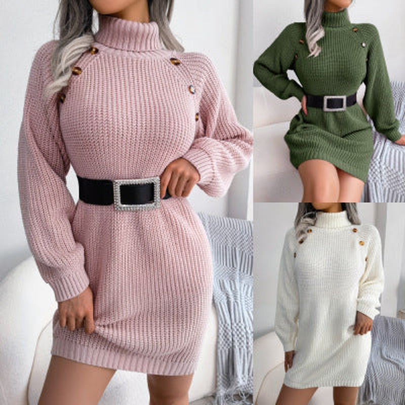 Chic Winter Turtleneck Long Sweater Dress with Stylish Button Design – Perfect for Effortless Leisure Looks