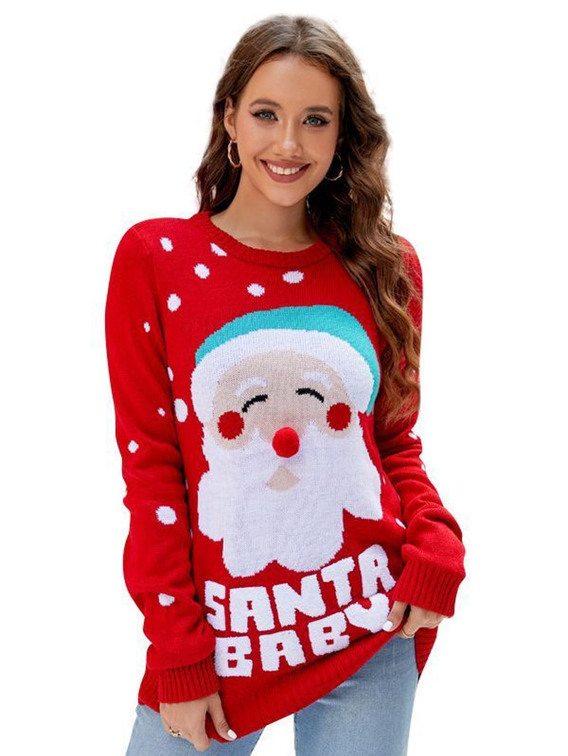 Cozy Up This Holiday Season with Our Women's Santa Pullover Sweater - Festive Red with Charming Letter Embroidery