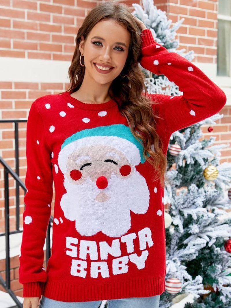 Cozy Up This Holiday Season with Our Women's Santa Pullover Sweater - Festive Red with Charming Letter Embroidery