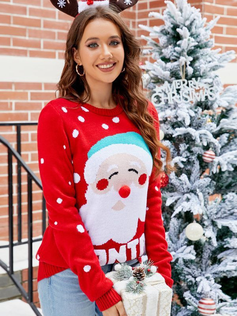 Cozy Up This Holiday Season with Our Women's Santa Pullover Sweater - Festive Red with Charming Letter Embroidery